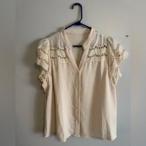 Women’s Cream Button-Front Lace Yoke Flutter Sleeve Top